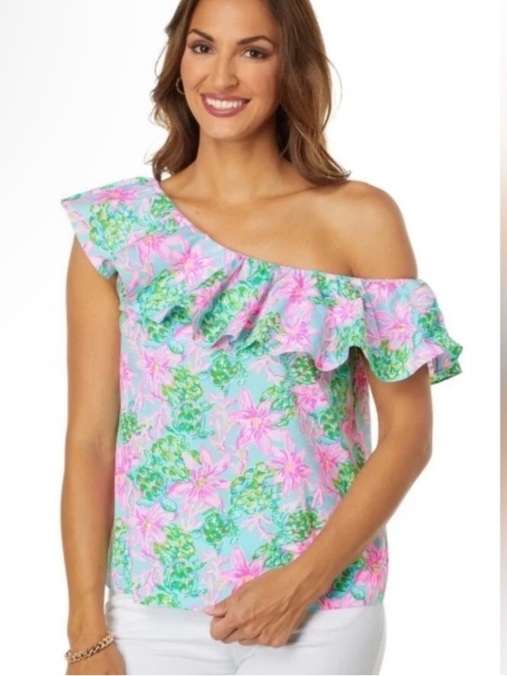 Lilly Pulitzer Surf Blue So Shellegant Zelder One Shoulder Ruffle Top